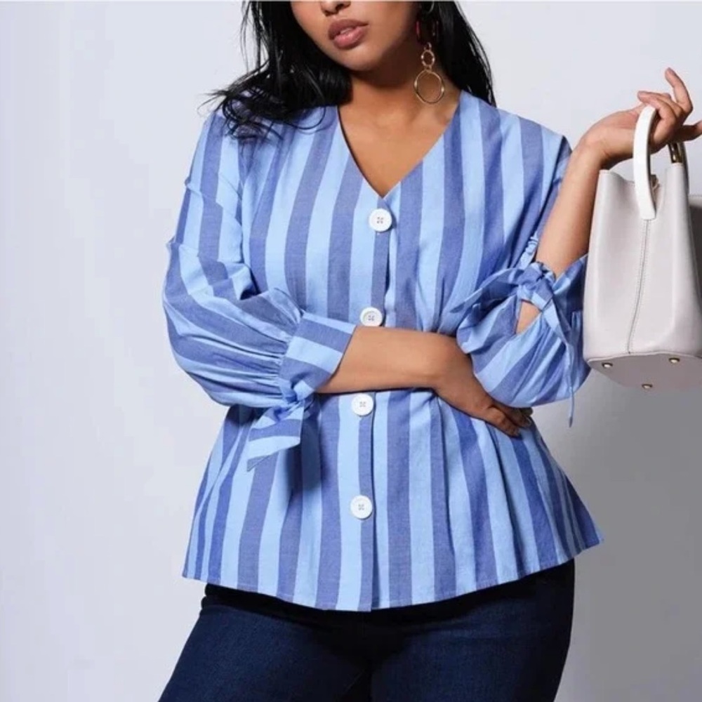 ELOQUII Stripe Button Down Long-sleeve Blouse Sz Plus 18